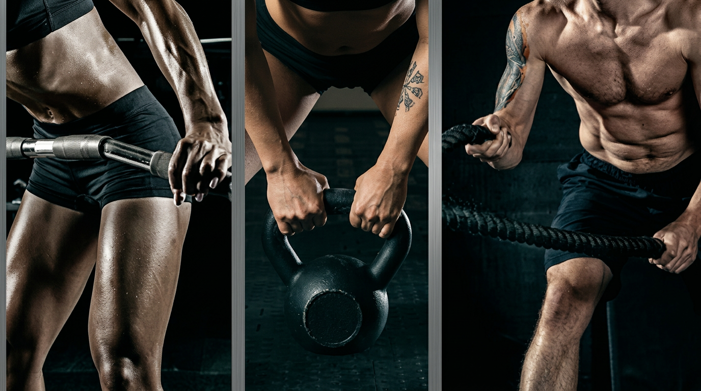 Three-panel strength training scene with barbell, kettlebell, and battle rope work