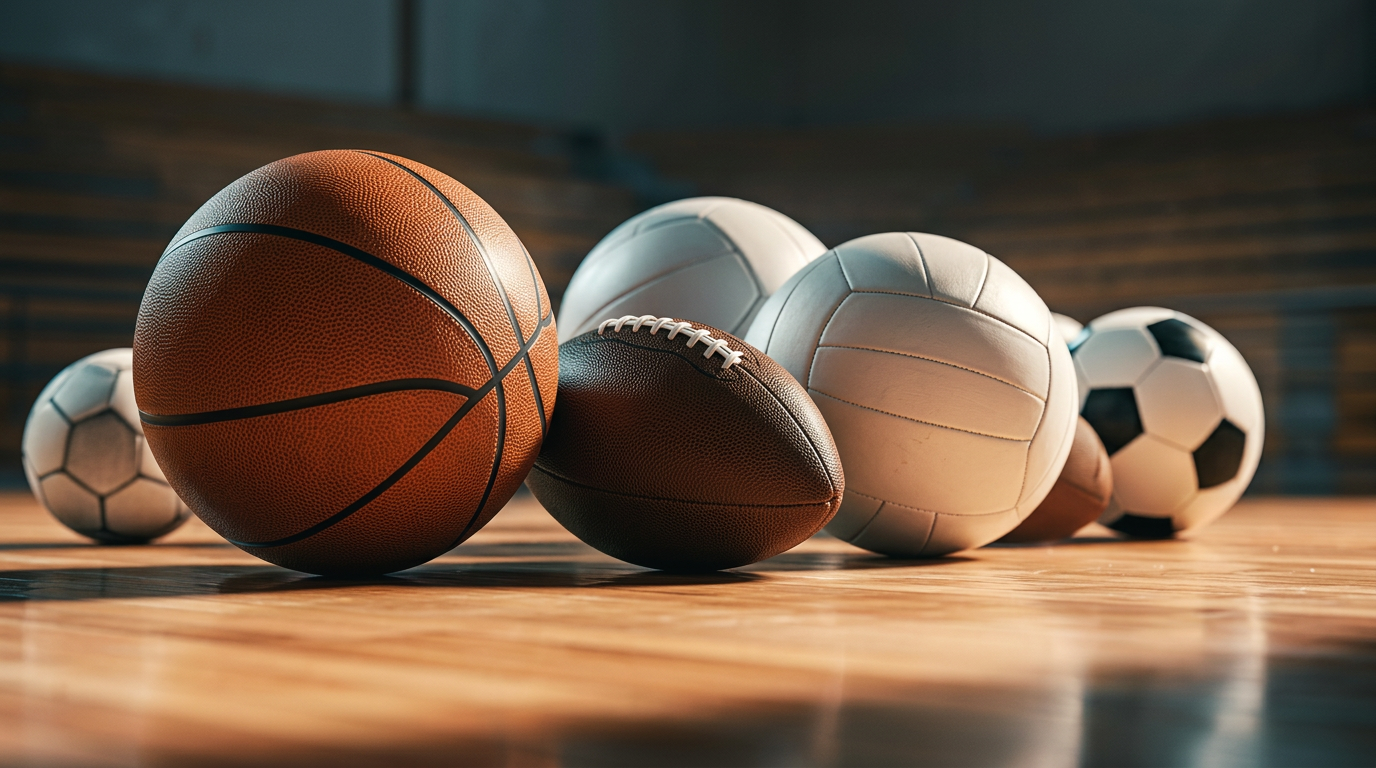 Basketball, football, volleyball and soccer ball on a polished indoor hardwood court