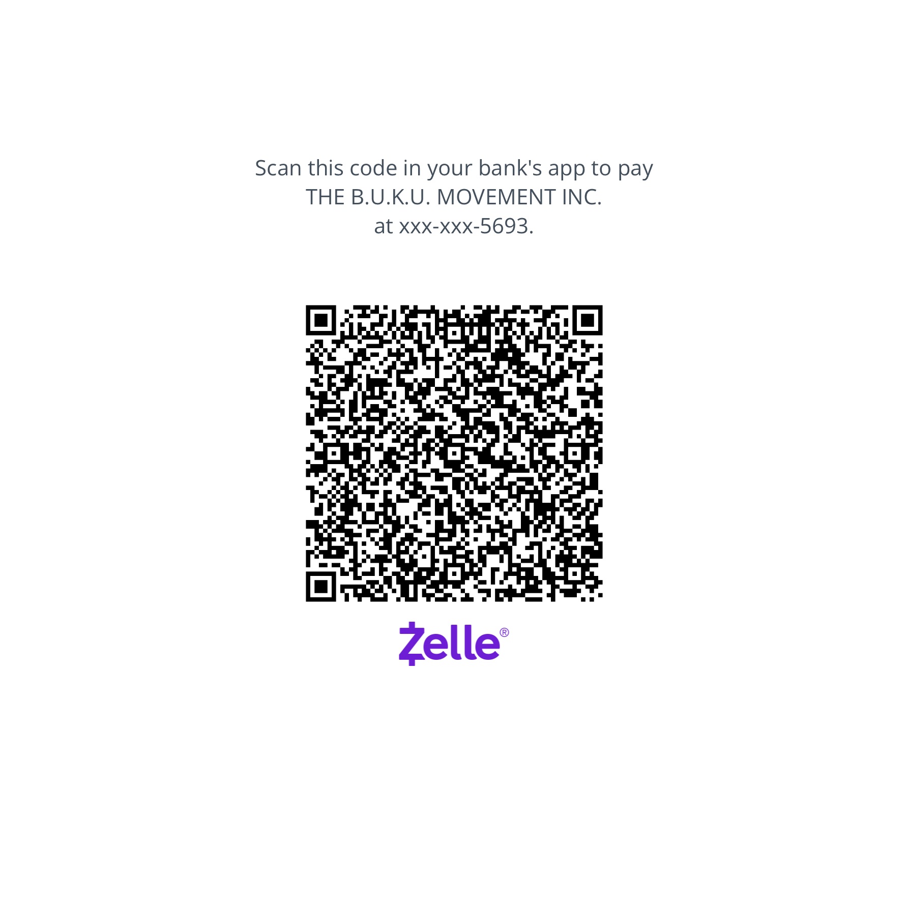 Zelle QR code to send a donation to The B.U.K.U. Movement Inc.
