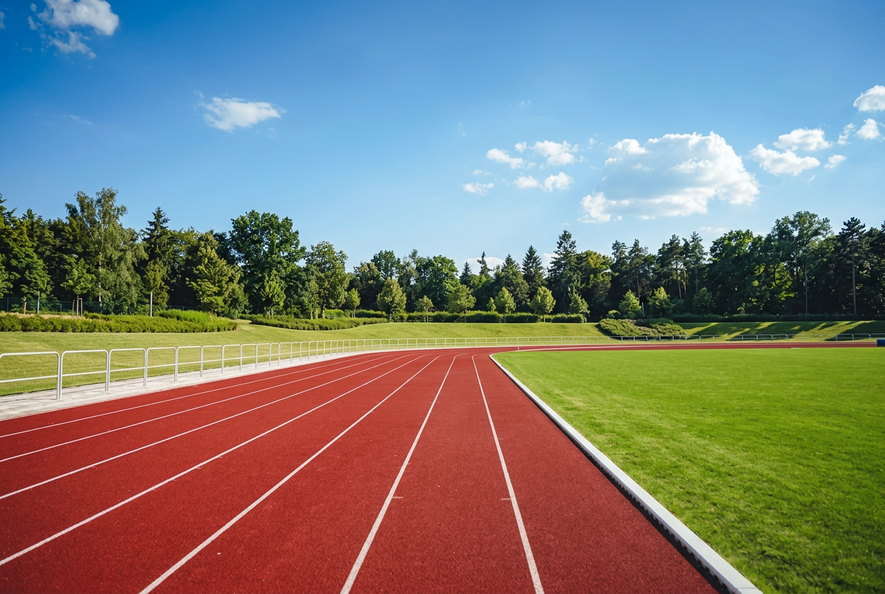Aerial view of a multi-sport field surrounded by a blue running track